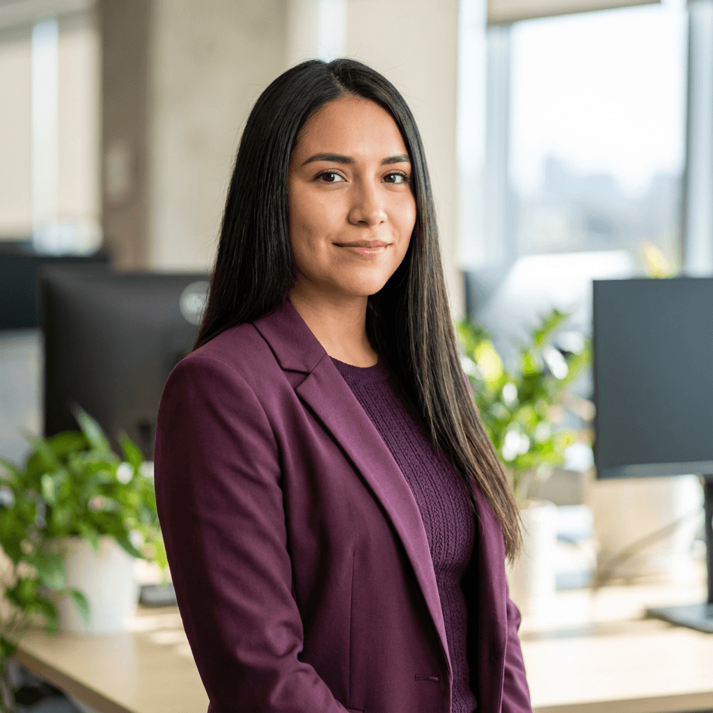 Female customer success manager in her late 20s, Hispanic, sitting at a desk with a headset