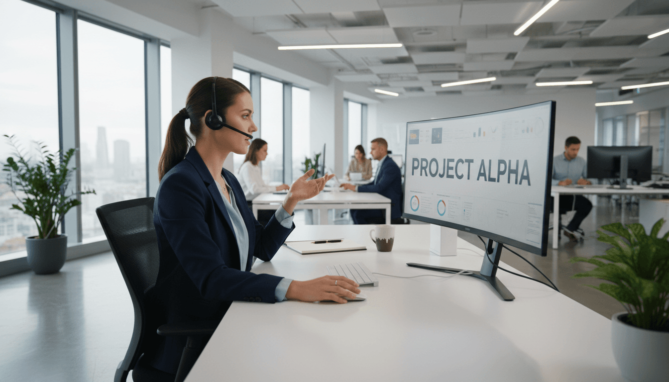 Professional woman wearing headset answering a phone call in a modern office