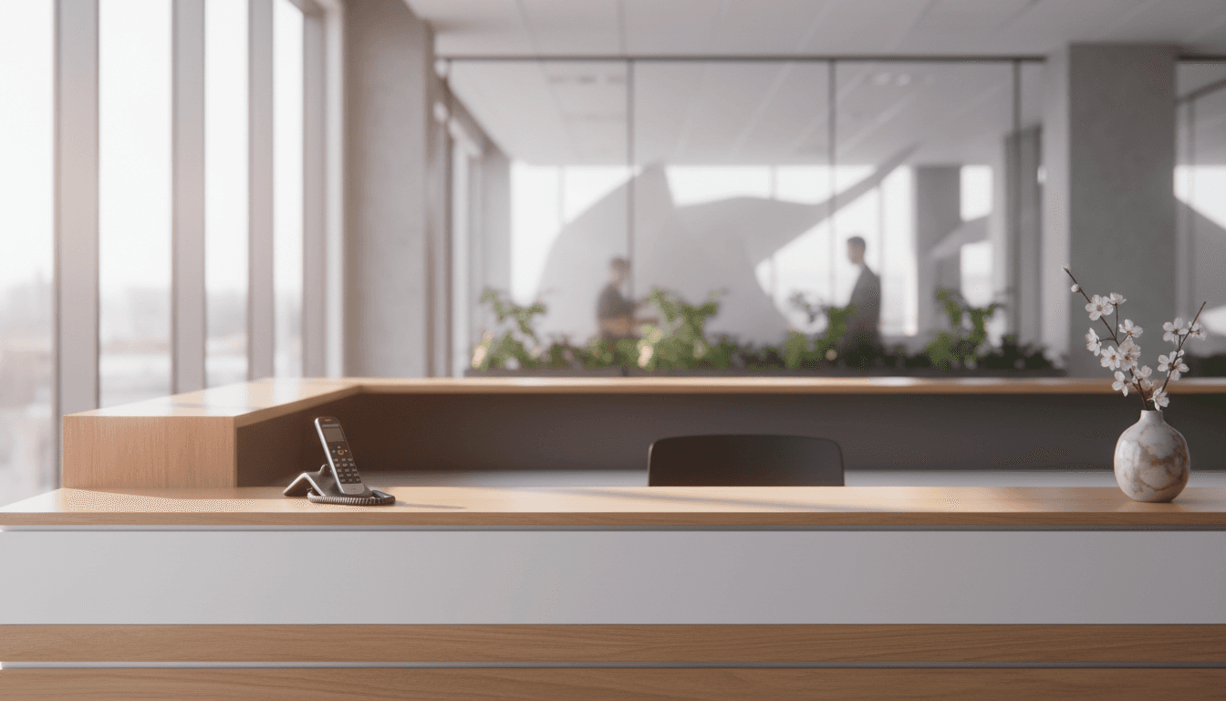 A professional reception desk with a phone handset off the hook in a modern office