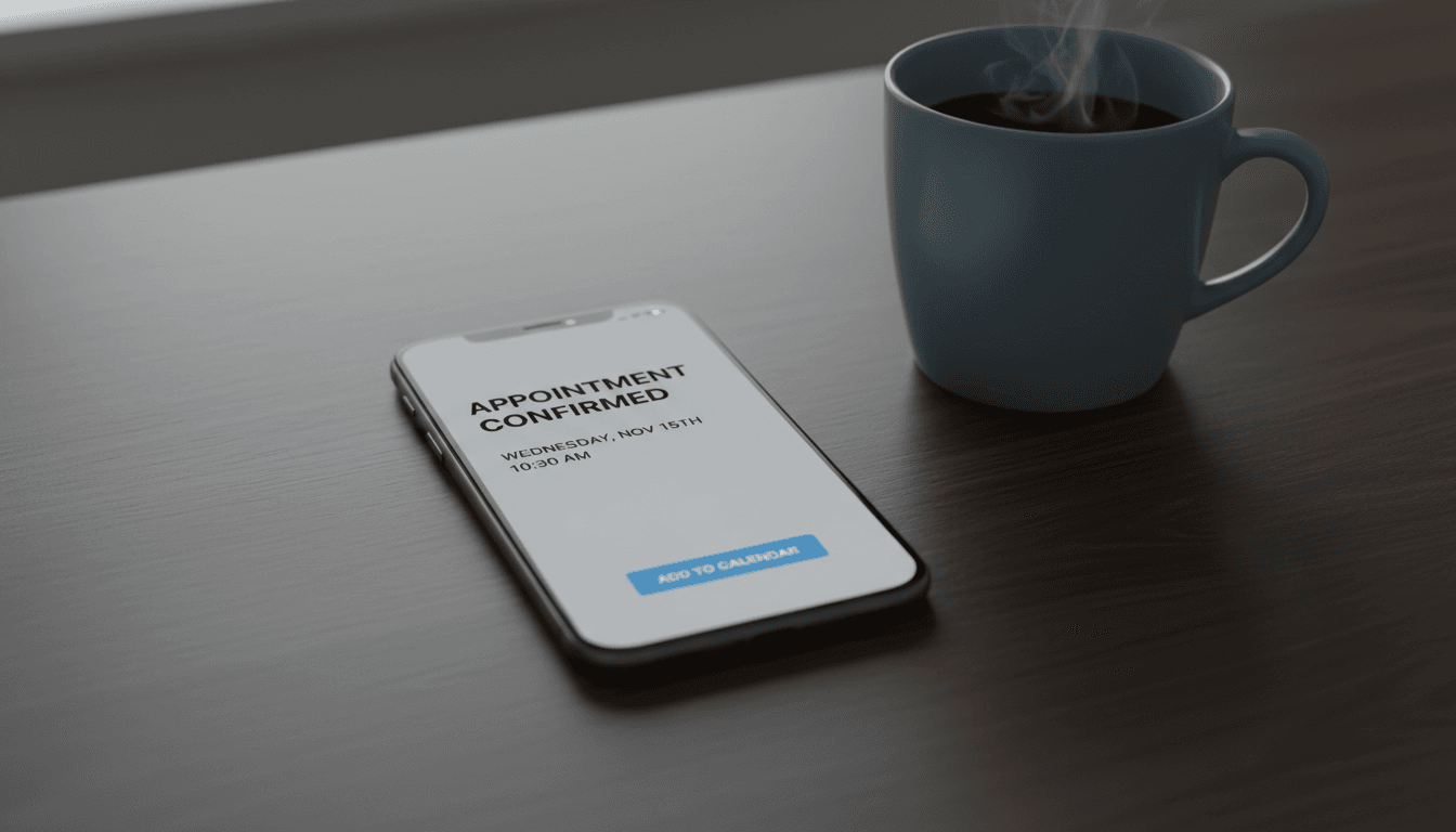 Smartphone on a desk showing an appointment booking confirmation screen