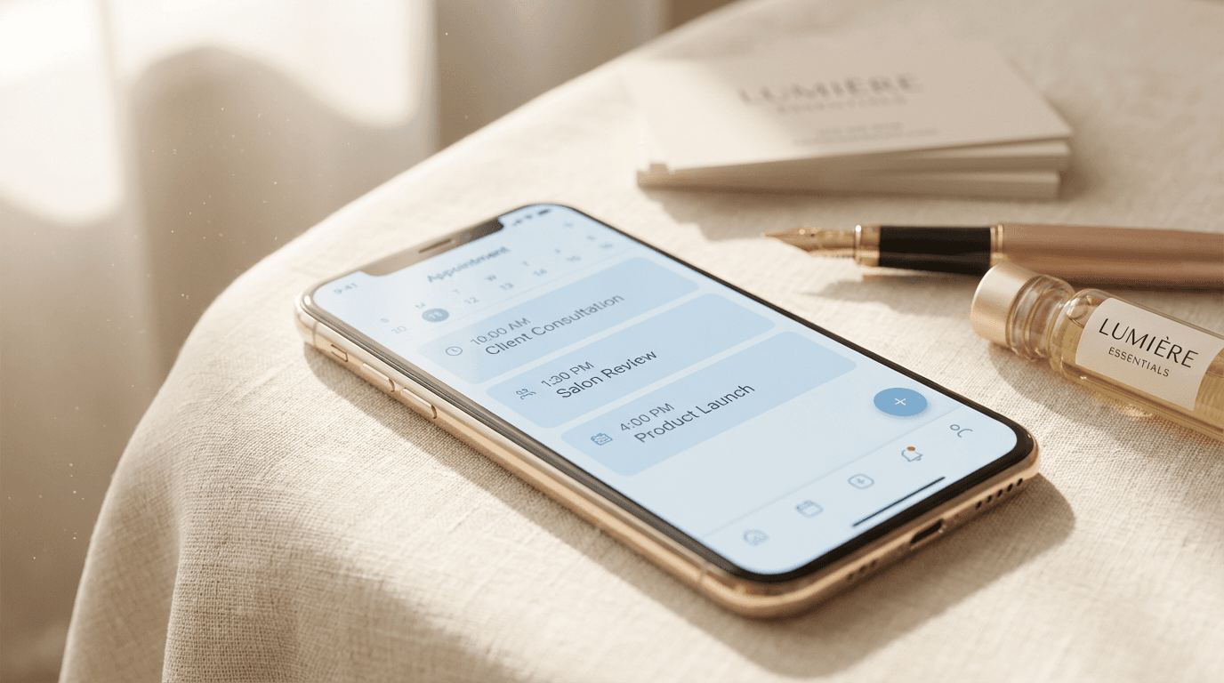 Smartphone on desk with calendar booking notification, blurred tools in background
