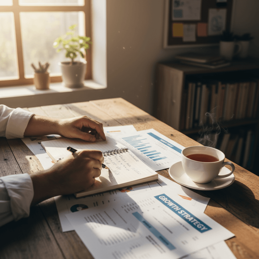 Small business owner speaking on phone in office with natural light