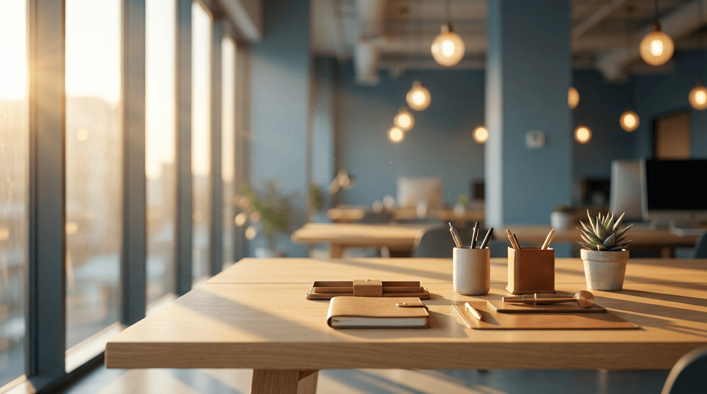 Professional desk with a phone and calendar in soft focus
