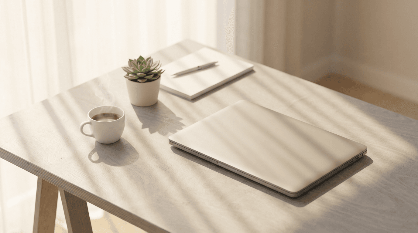 Modern office desk with smartphone and laptop